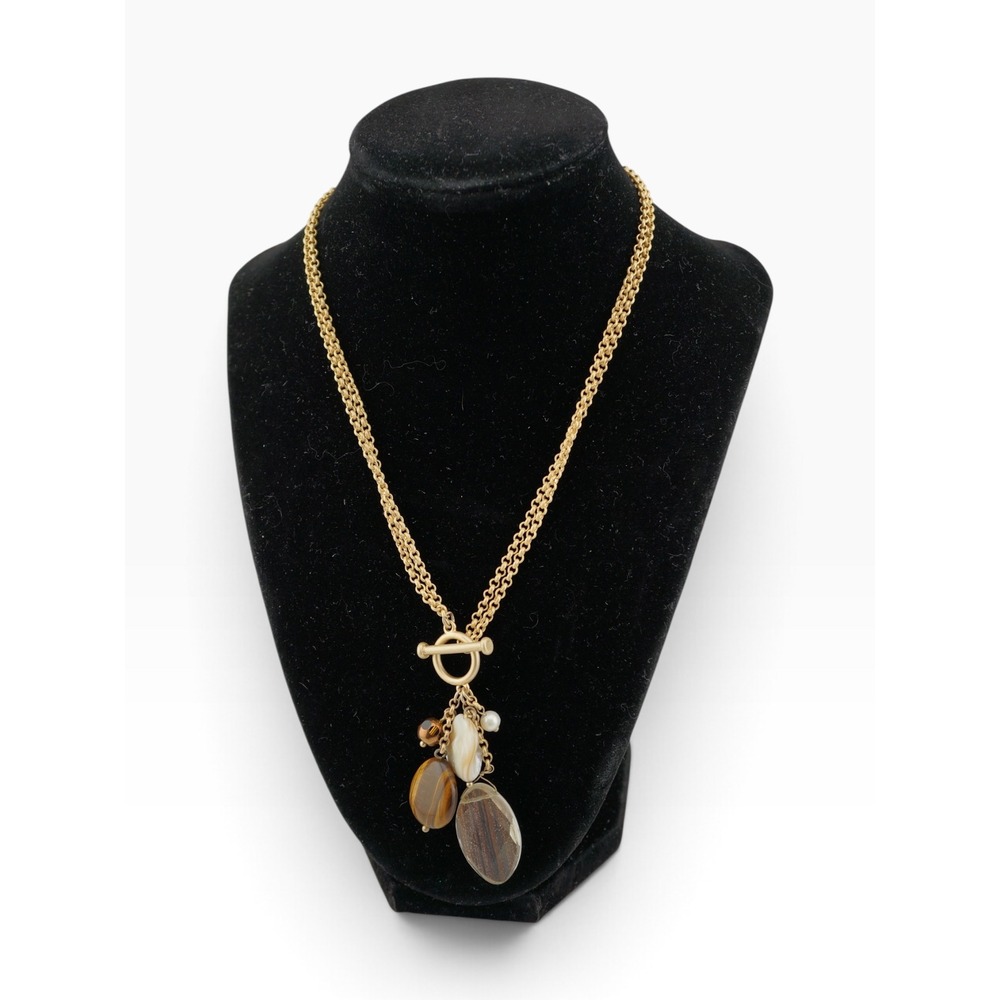 Pendant Necklace Womens 17" Gold Tone Brown Tiger Eye Front Toggle Clasp